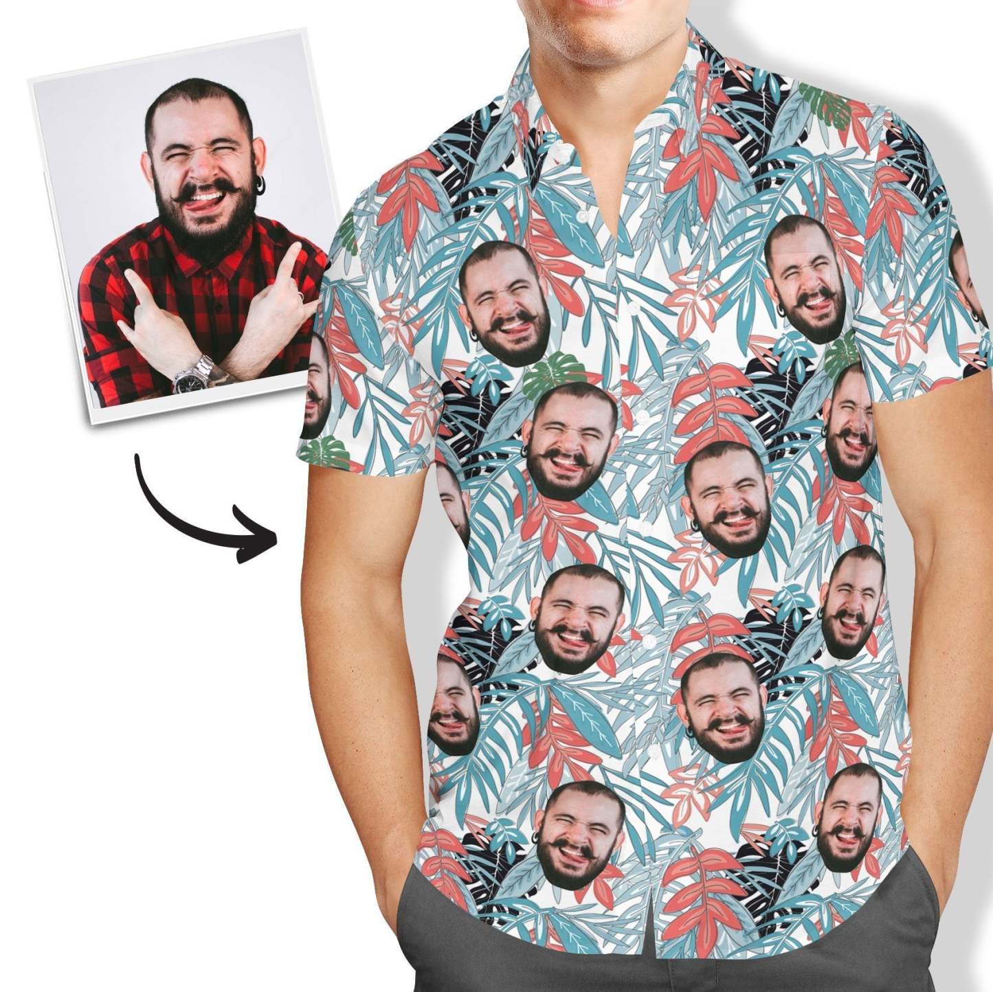 Custom Face Hawaiian Shirt Men's All Over Print Leaves - MyPhotoSocksAU