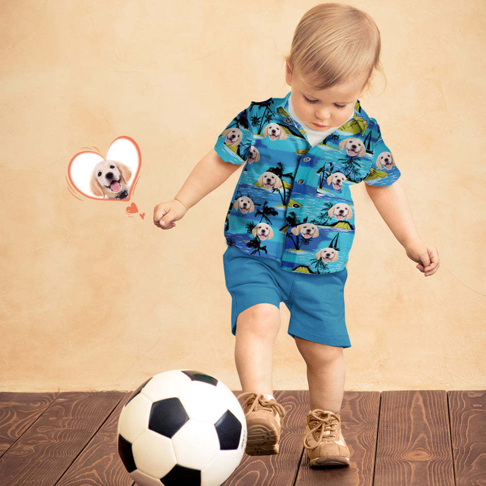 Custom Dog Face Hawaiian Shirt Kid's All Over Print Large Leaves Short Sleeve Shirt - My Photo Socks AU