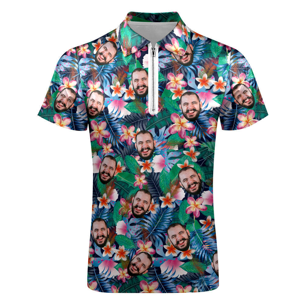 Custom Hawaiian Style Polo Shirt with Zipper Personalized Face Men's Polo Shirt for Him - My Photo Socks AU