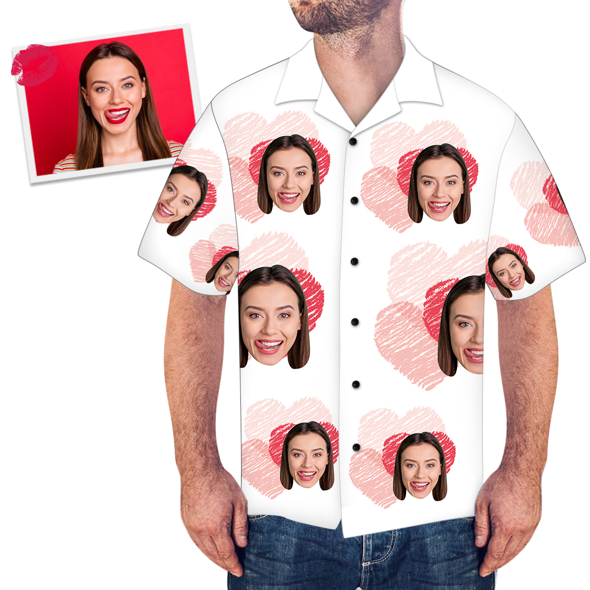 Custom Face Love Heart Men's All Over Print White Hawaiian Shirt - MyPhotoSocksAU