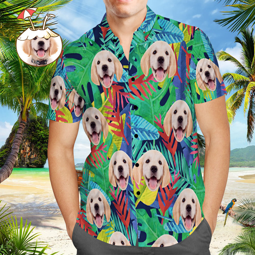 Custom Dog Face Hawaiian Shirt Men's Hawaiian Shirt Multicolor Leaves Beach Shirt - My Photo Socks AU