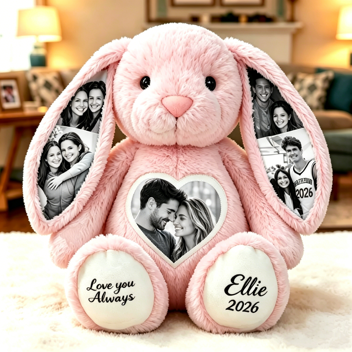 Custom Heart Photo Bunny Plush – Personalized Hidden Ear Picture Bunny Custom Text Anniversary Gift for Couples - MyPhotoSocksAu