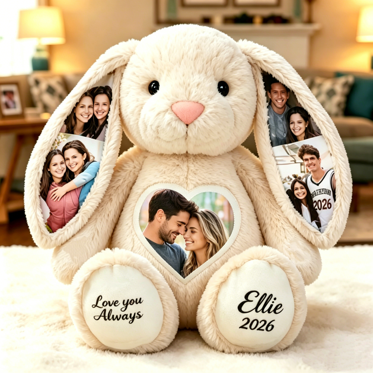 Custom Heart Photo Bunny Plush – Personalized Hidden Ear Picture Bunny Custom Text Anniversary Gift for Couples - MyPhotoSocksAu