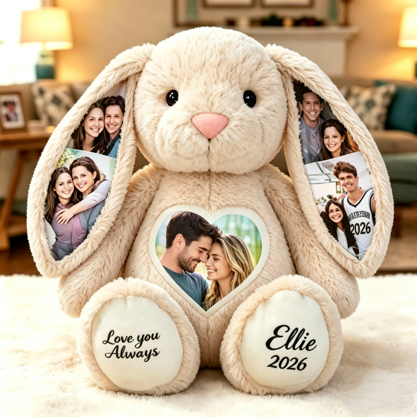 Custom Heart Photo Bunny Plush – Personalized Hidden Ear Picture Bunny Custom Text Anniversary Gift for Couples - MyPhotoSocksAu