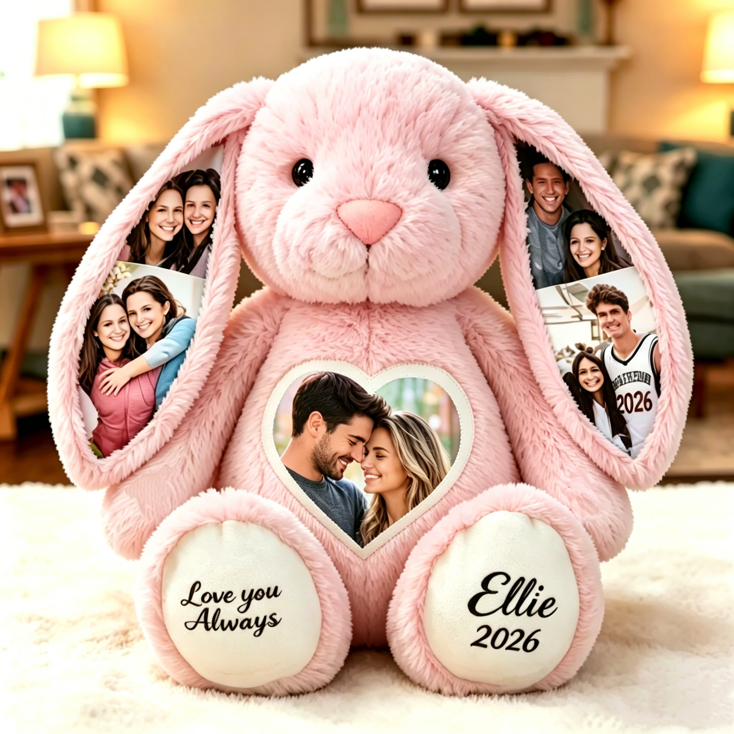Custom Heart Photo Bunny Plush – Personalized Hidden Ear Picture Bunny Custom Text Anniversary Gift for Couples - MyPhotoSocksAu