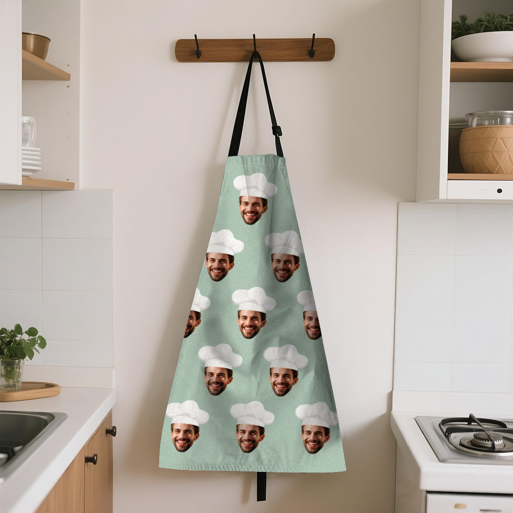 Custom Face Photo Apron Personalized Chef Hat Green Apron Gift For Dad Gradnpa