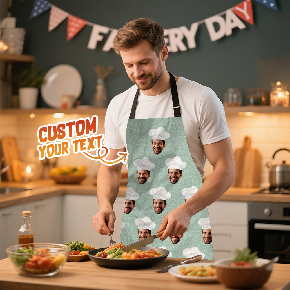 Custom Face Photo Apron Personalized Chef Hat Green Apron Gift For Dad Gradnpa - MyPhotoSocksAu