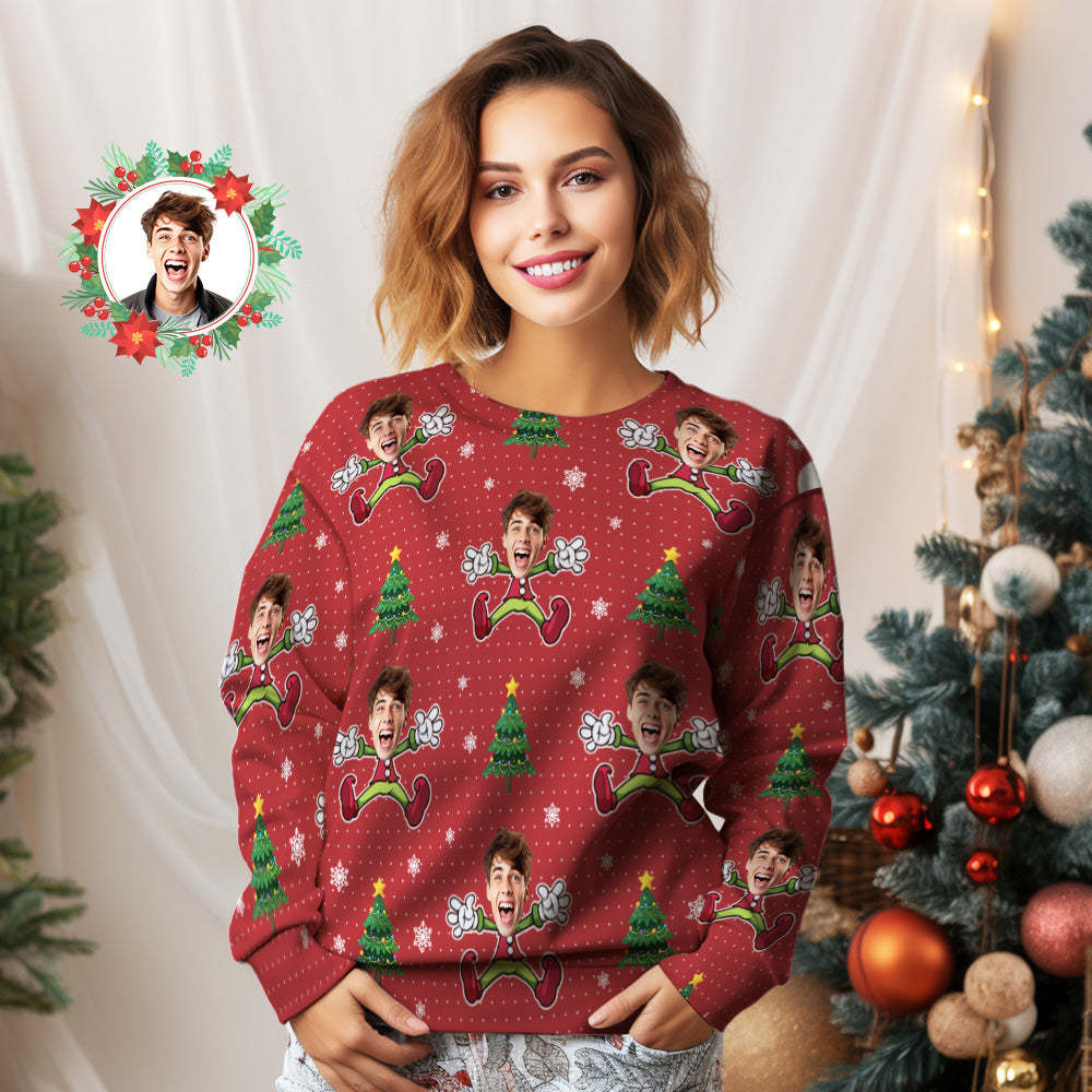 Custom Face Unisex Christmas Sweatshirt Casual Little Elf Printed Photo Crewneck Shirt - My Photo Socks AU