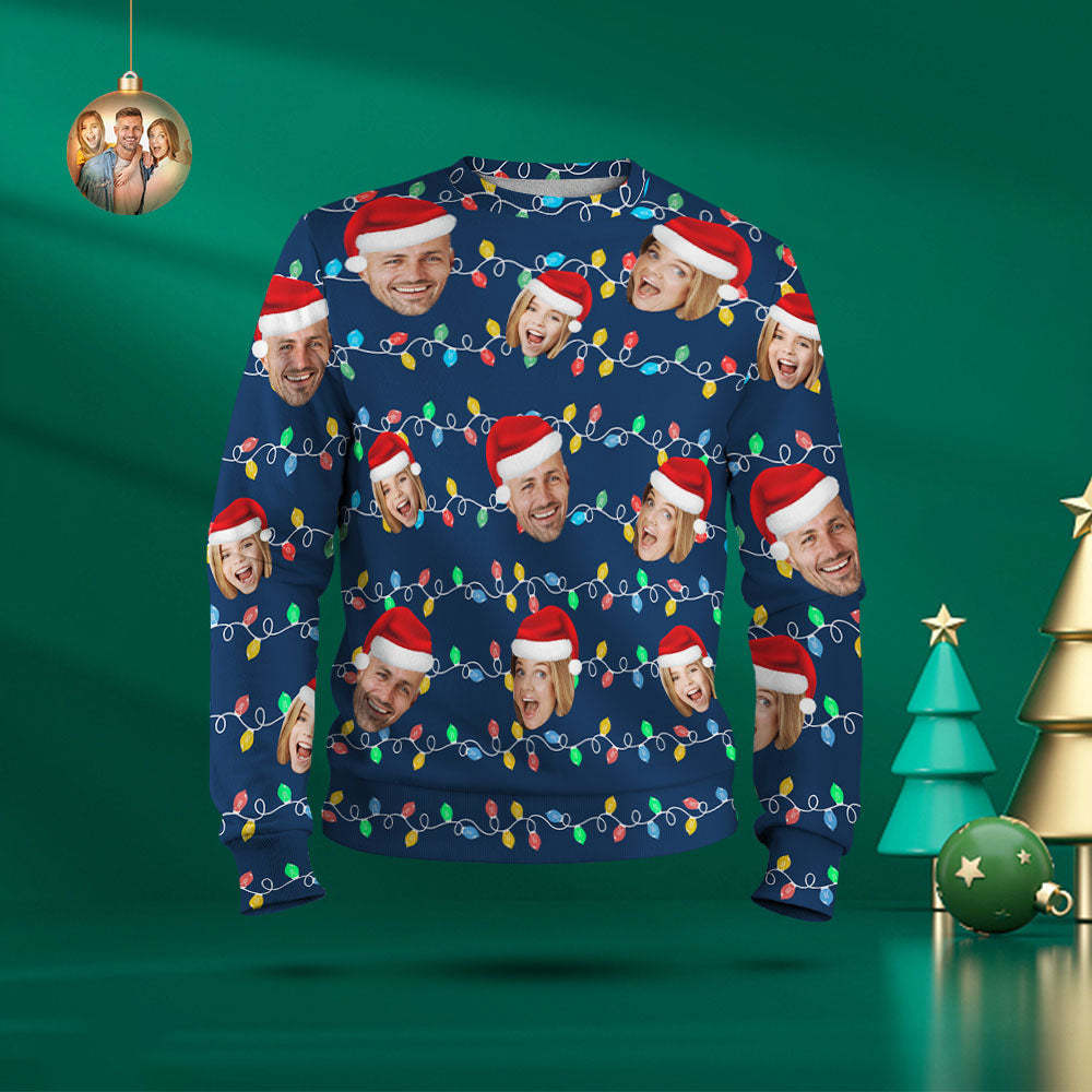 Custom Face Round Neck Hoodie Personalized Photo Christmas Family Xmas Leds Unisex Hoodies - My Photo Socks AU