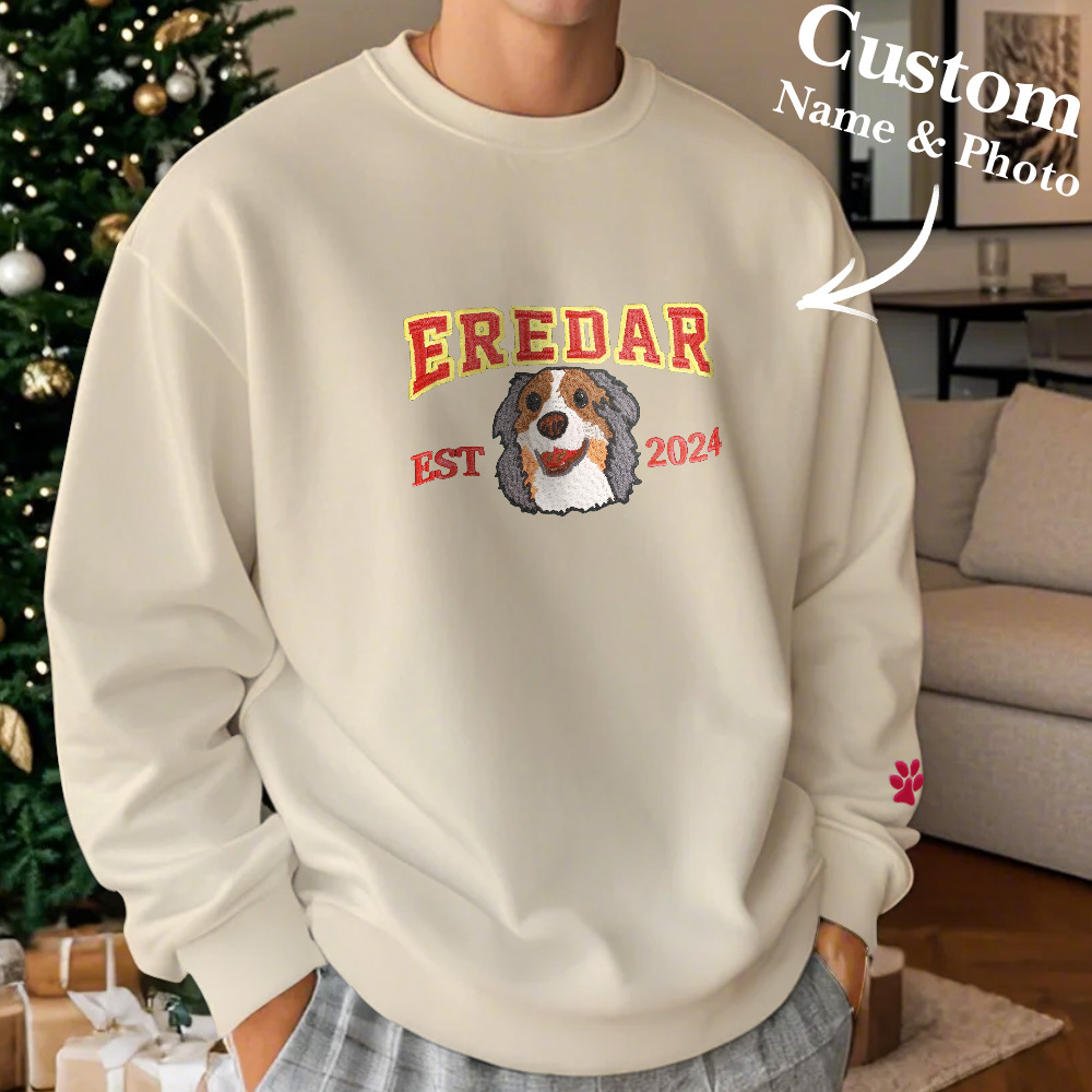 Custom Embroidered Sweatshirt With Pet Portrait Chrismas Gifts Embroidery Effect - MyPhotoSocksAu