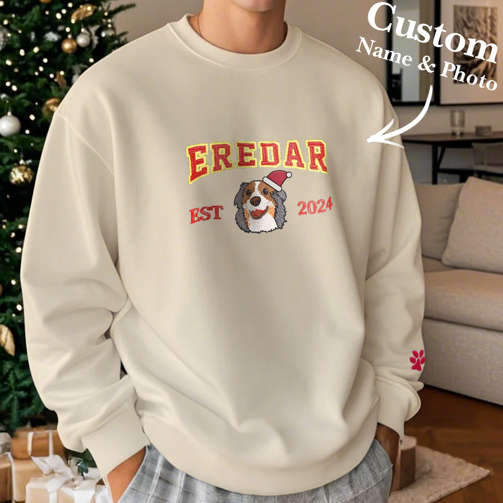 Custom Embroidered Sweatshirt With Pet Portrait Chrismas Gifts Embroidery Effect - MyPhotoSocksAu