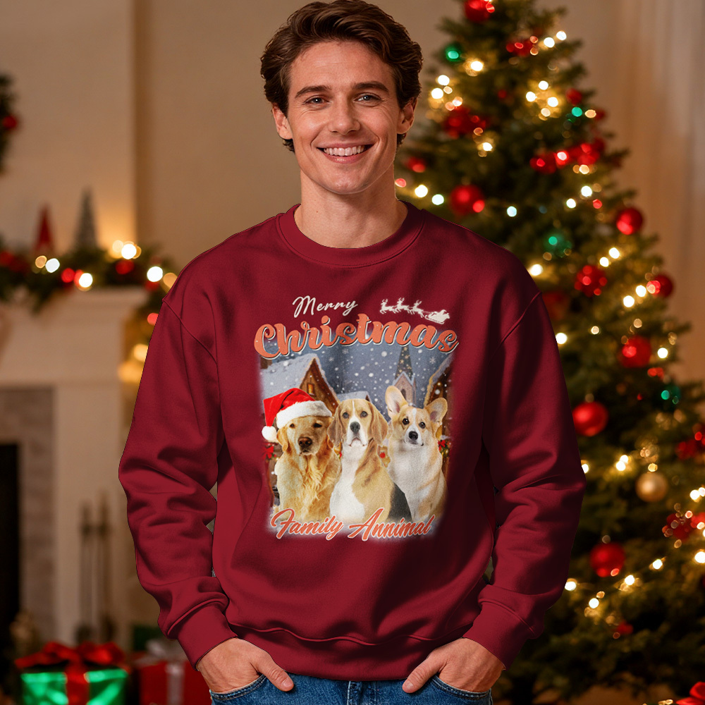 Custom Face Round Neck Hoodie Custom Your Pet Retro Vintage Portrait Christmas Sweatshirt - MyPhotoSocksAu