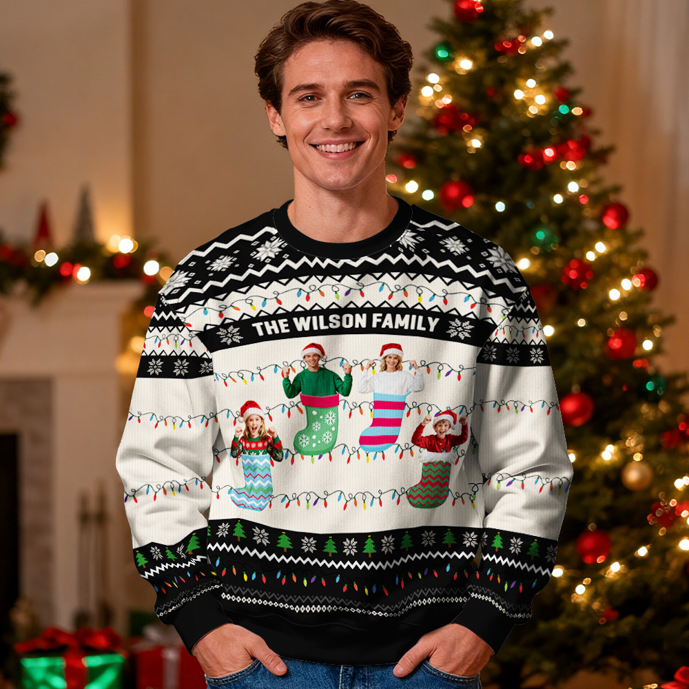 Custom Face Round Neck Hoodie Personalized Custom Photo Christmas Gifts For Family Ugly Sweater Xmas Leds Unisex Hoodies - MyPhotoSocksAu