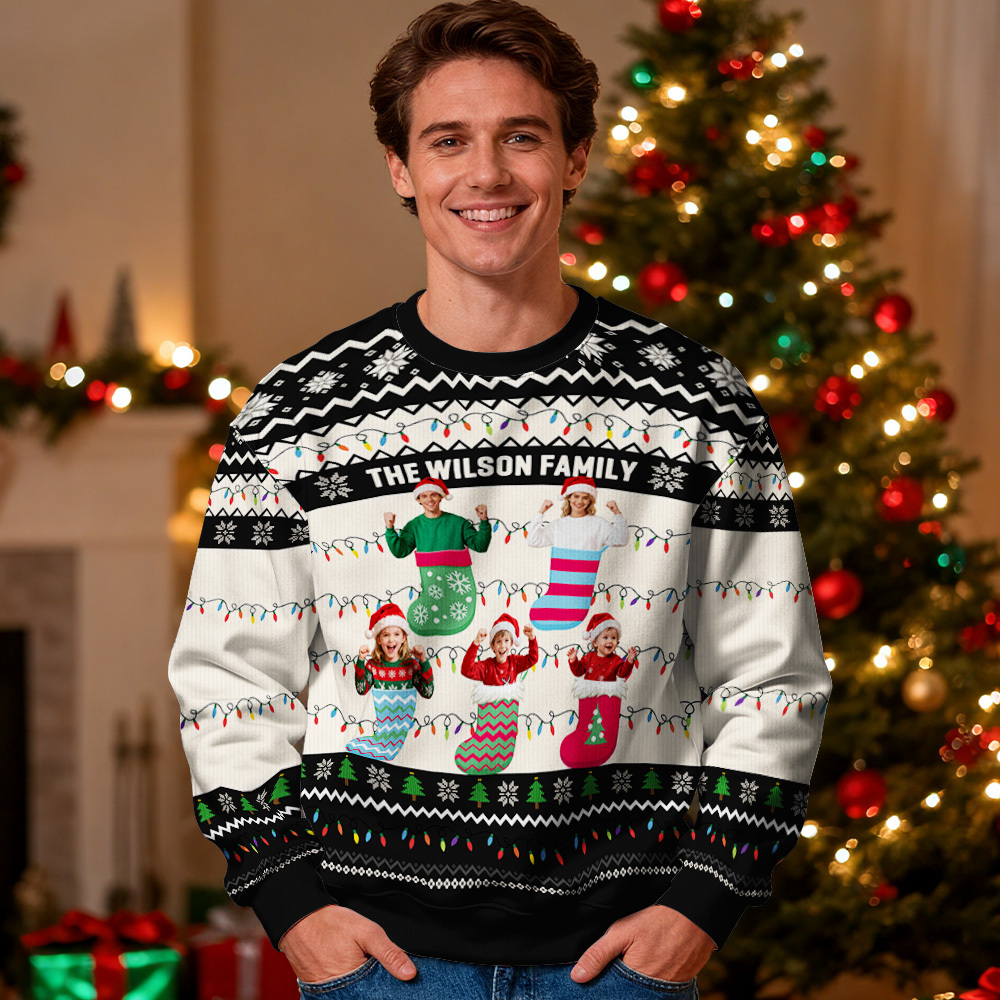 Custom Face Round Neck Hoodie Personalized Custom Photo Christmas Gifts For Family Ugly Sweater Xmas Leds Unisex Hoodies - MyPhotoSocksAu