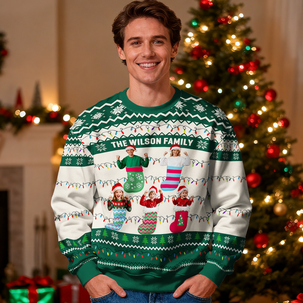 Custom Face Round Neck Hoodie Personalized Custom Photo Christmas Gifts For Family Ugly Sweater Xmas Leds Unisex Hoodies - MyPhotoSocksAu