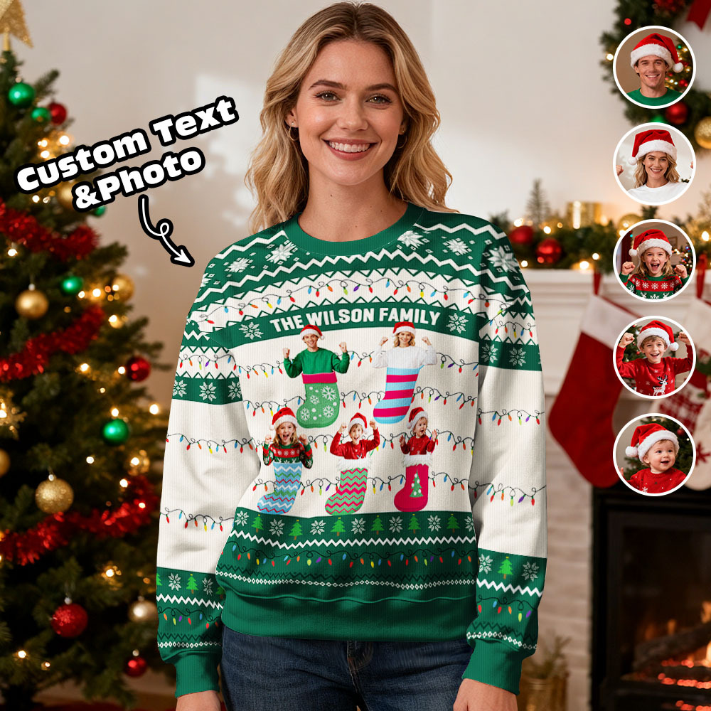 Custom Face Round Neck Hoodie Personalized Custom Photo Christmas Gifts For Family Ugly Sweater Xmas Leds Unisex Hoodies - MyPhotoSocksAu