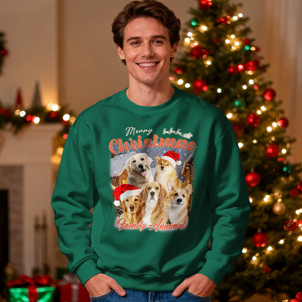 Custom Face Round Neck Hoodie Custom Your Pet Retro Vintage Portrait Green Christmas Sweatshirt - MyPhotoSocksAu