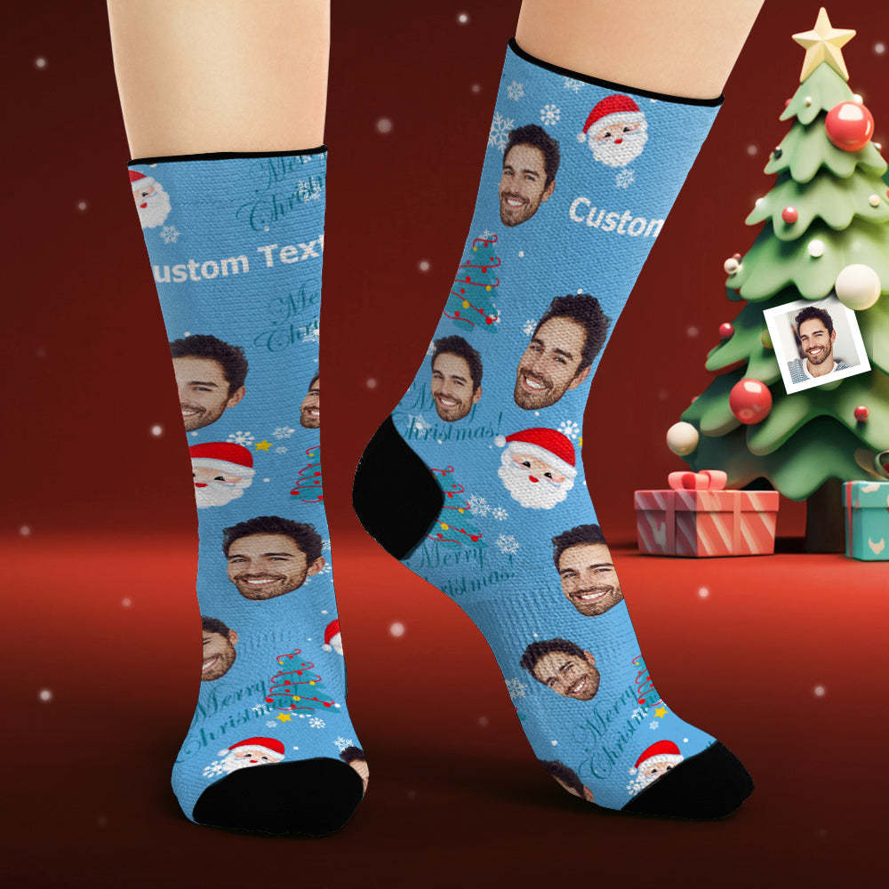 Custom Face Socks Personalized Photo Blue Socks Santa Claus and Elk - My Photo Socks AU