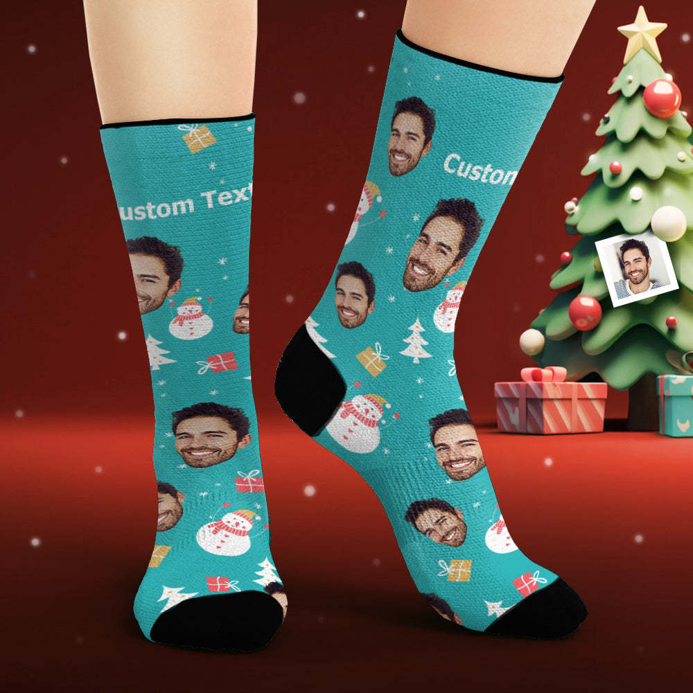 Custom Face Socks Personalized Photo Blue Socks Snowman Merry Christmas - My Photo Socks AU