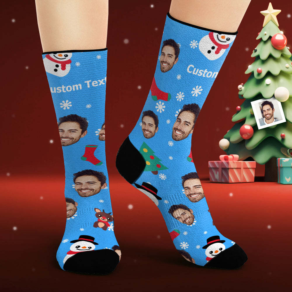 Custom Face Socks Personalized Photo Blue Socks Cartoon Santa Claus and Snowman - My Photo Socks AU