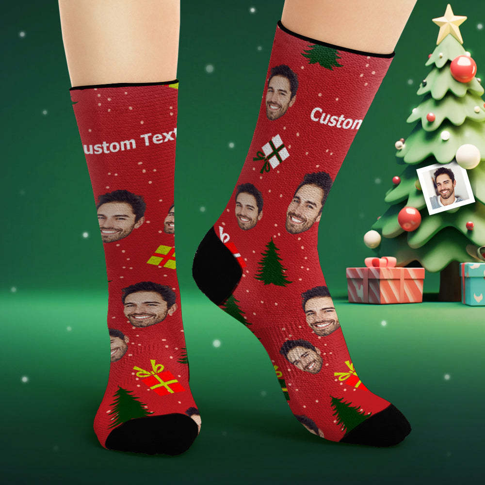 Custom Face Socks Personalized Photo Red Socks Christmas Tree and Gifts - My Photo Socks AU