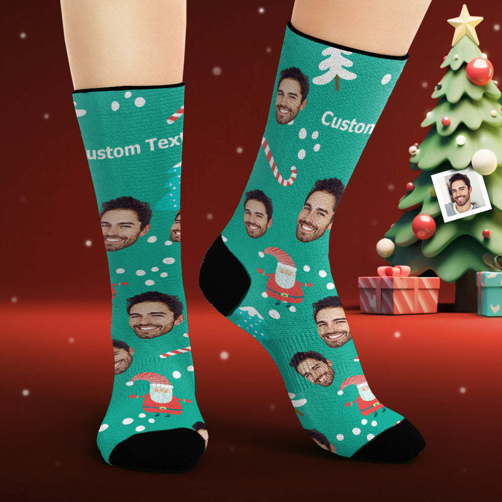 Custom Face Socks Personalized Photo Blue Socks Merry Christmas - My Photo Socks AU