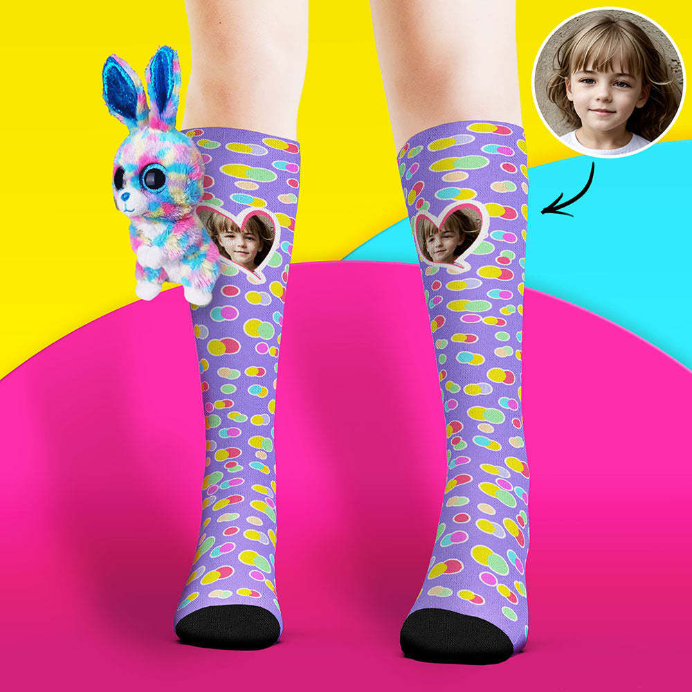 Custom Socks Knee High Face Socks Rabbit Doll Colorful Polka Dot Socks - My Photo Socks AU