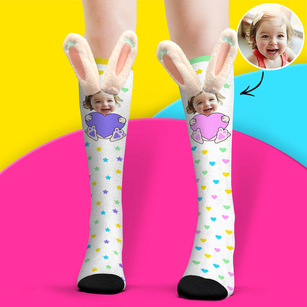 Custom Socks Knee High Face Socks 3D Plush Bunny Ears Socks - My Photo Socks AU