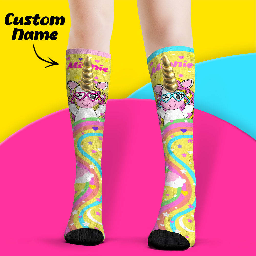 Custom Name Socks Knee High Socks 3D Unicorn Horn Cartoon Socks - My Photo Socks AU