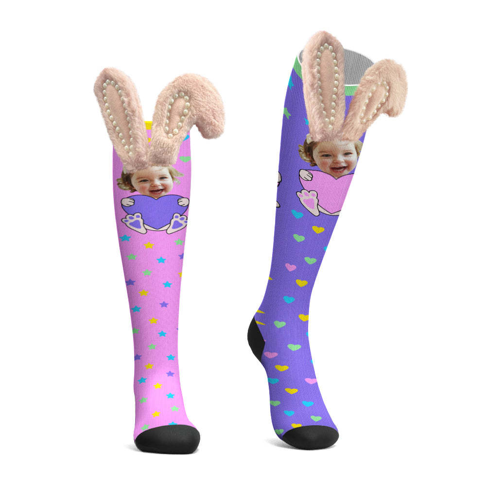 Custom Socks Knee High Face Socks 3D Bunny Ears with Pearls Socks - My Photo Socks AU