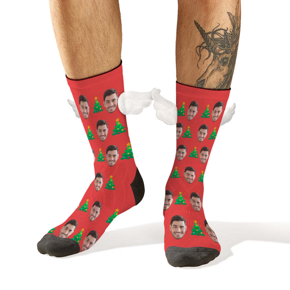 Custom Face Socks with Christmas Tree 3D Magnetic Wing Red Socks for Pet Lover - My Photo Socks AU
