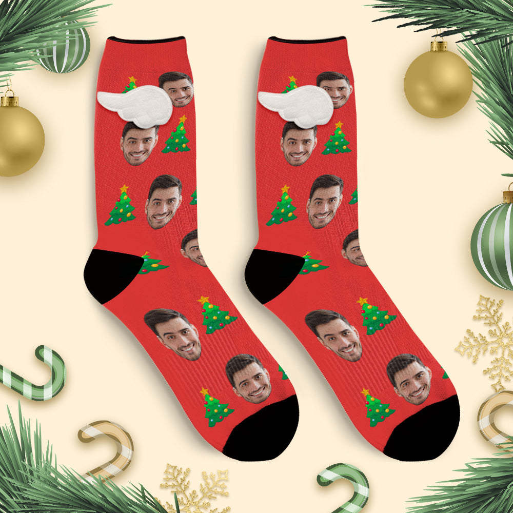 Custom Face Socks with Christmas Tree 3D Magnetic Wing Red Socks for Pet Lover - My Photo Socks AU