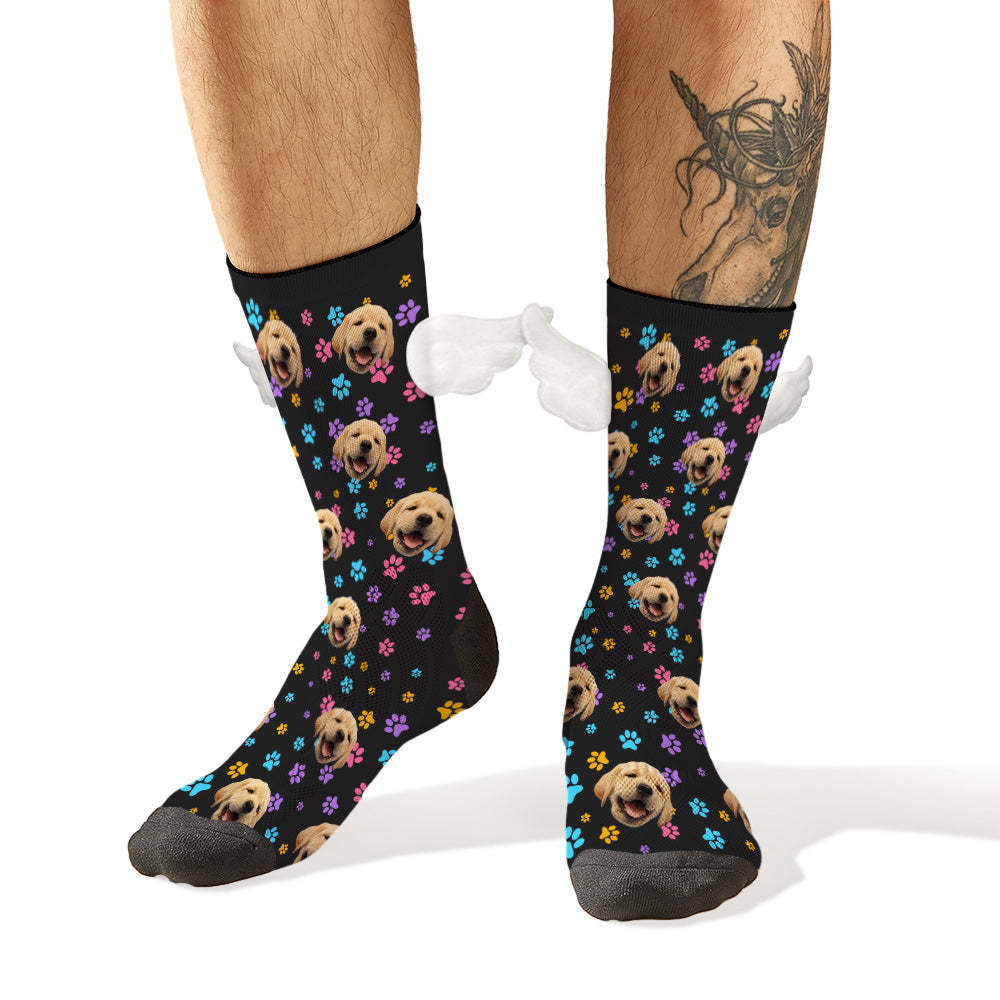 Custom Dog Face Socks Colorful Dog Paw Prints 3D Magnetic Wing Socks for Pet Lover - My Photo Socks AU