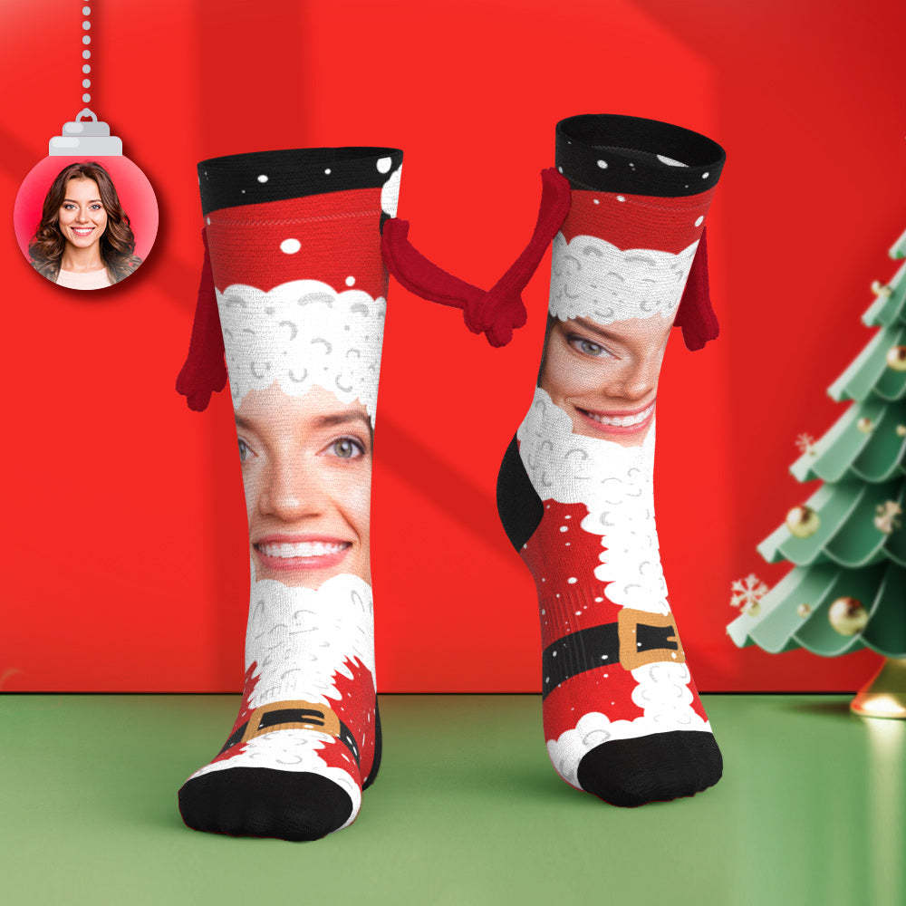 Custom Santa Face Socks Funny Doll Mid Tube Socks Magnetic Holding Hands Socks Christmas Gifts - My Photo Socks AU