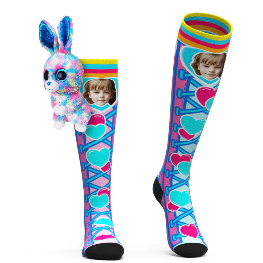 Custom Socks Knee High Face Socks Rabbit Doll Blue Love Heart Socks - My Photo Socks AU