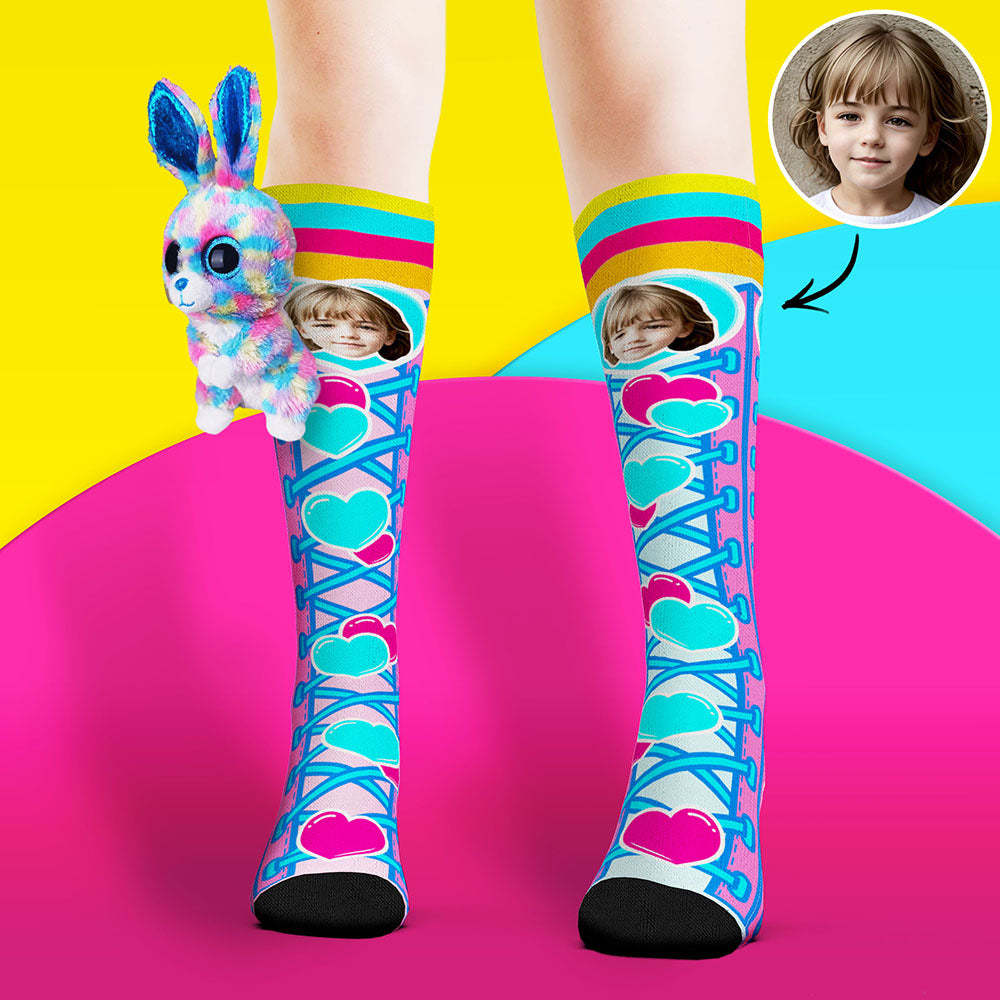 Custom Socks Knee High Face Socks Rabbit Doll Blue Love Heart Socks - My Photo Socks AU