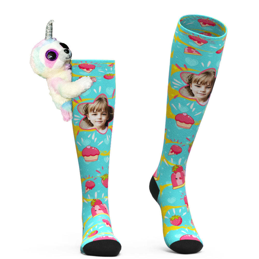 Custom Socks Knee High Face Socks Sloth Doll Pink Dessert Socks - My Photo Socks AU