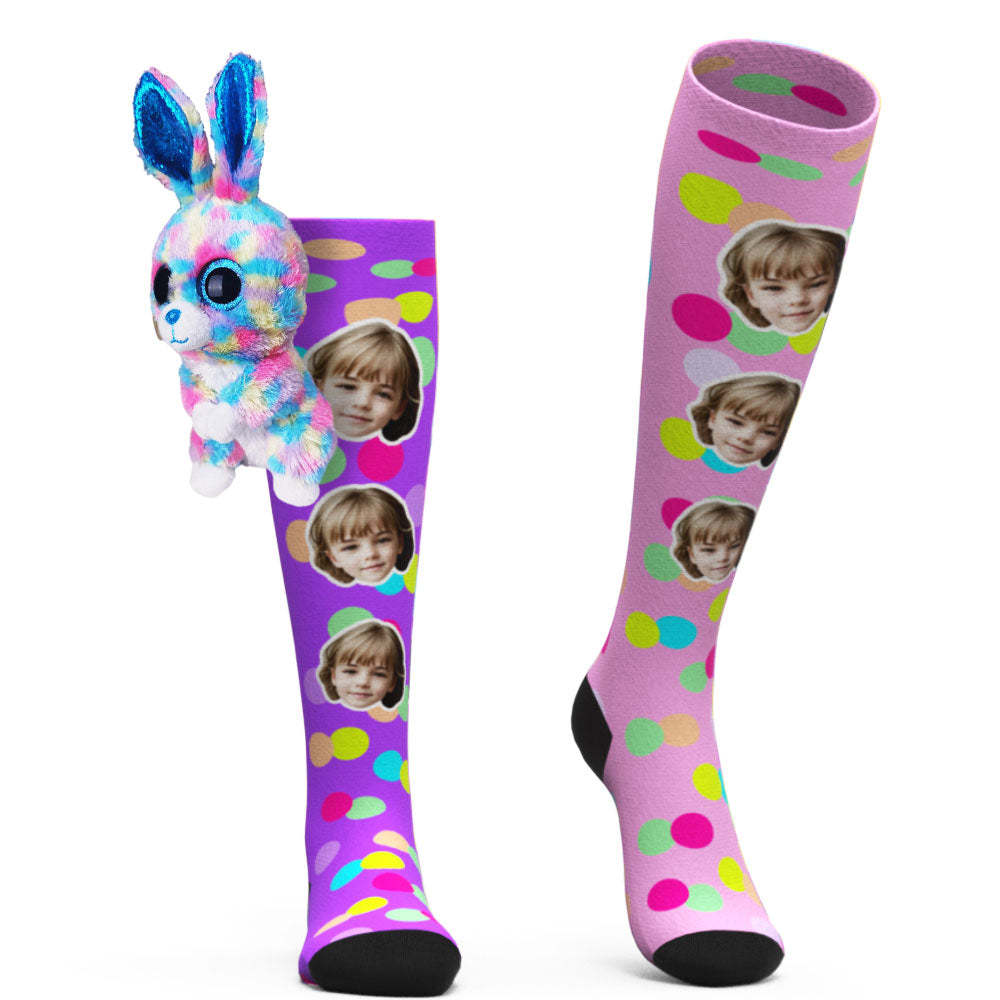 Custom Socks Knee High Face Socks Colorful Polka Dot Rabbit Doll Socks - My Photo Socks AU