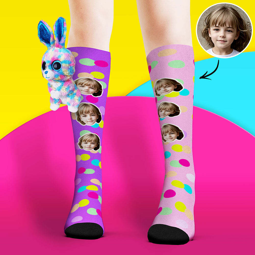 Custom Socks Knee High Face Socks Colorful Polka Dot Rabbit Doll Socks - My Photo Socks AU