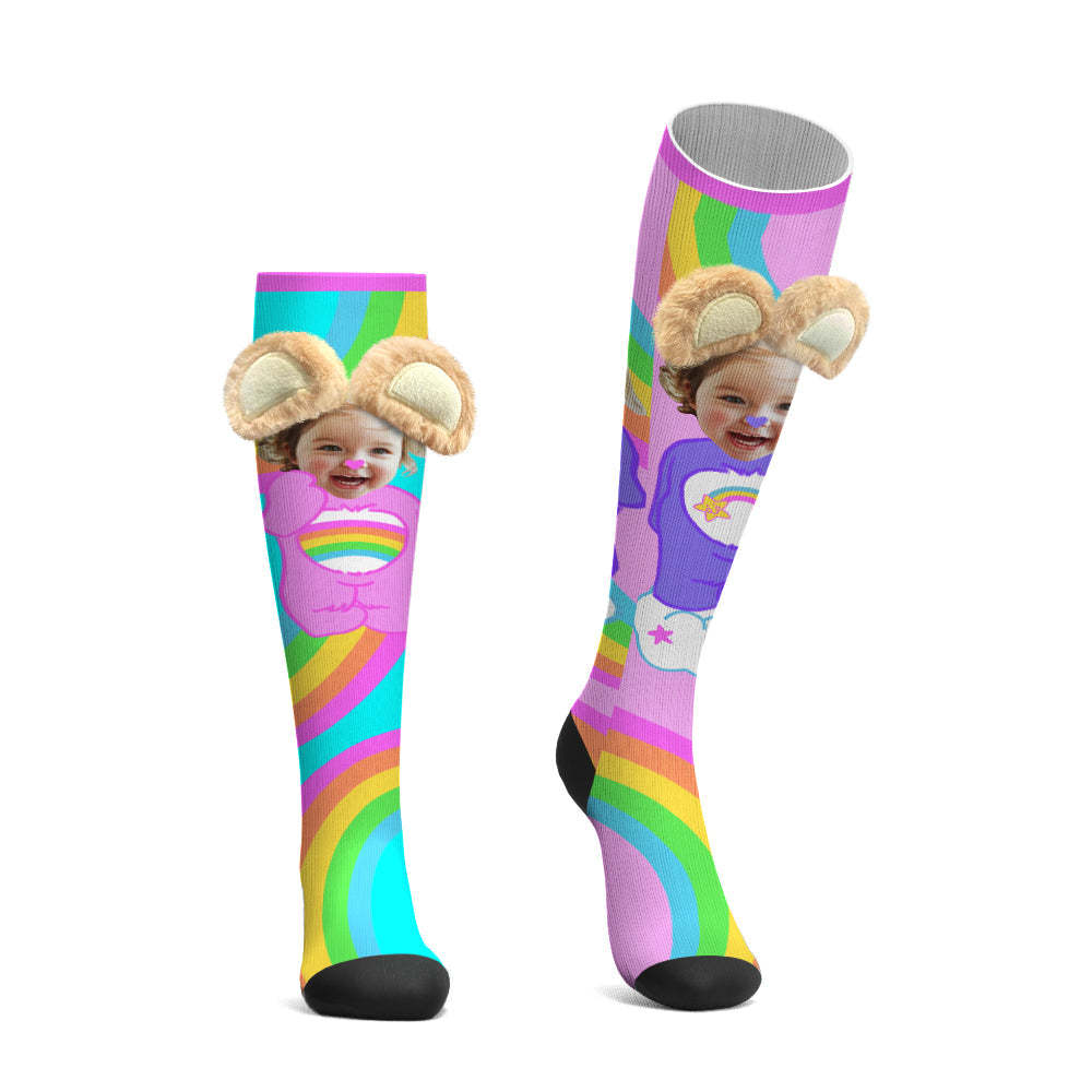Custom Socks Knee High Face Socks 3D Plush Bear Ears Socks - My Photo Socks AU