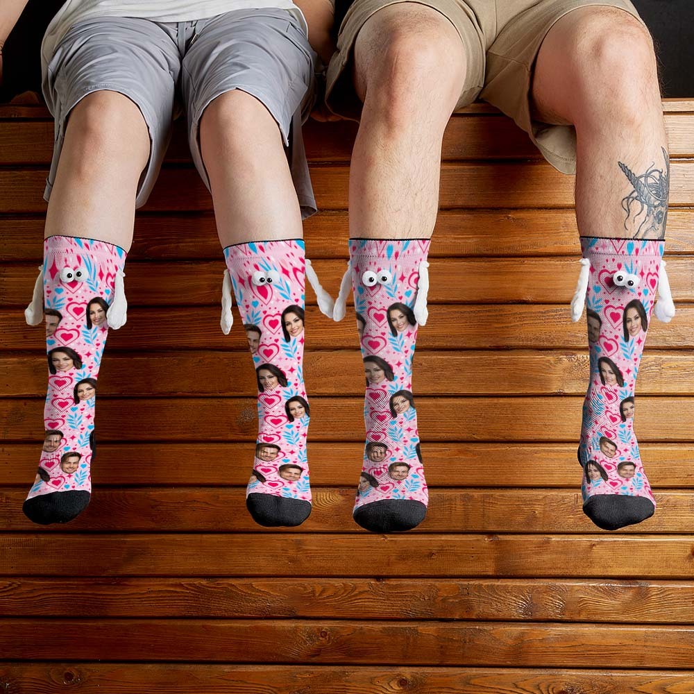 Custom Face Socks Funny Doll Mid Tube Socks Magnetic Holding Hands Socks Double Love Valentine's Day Gifts - My Photo Socks AU