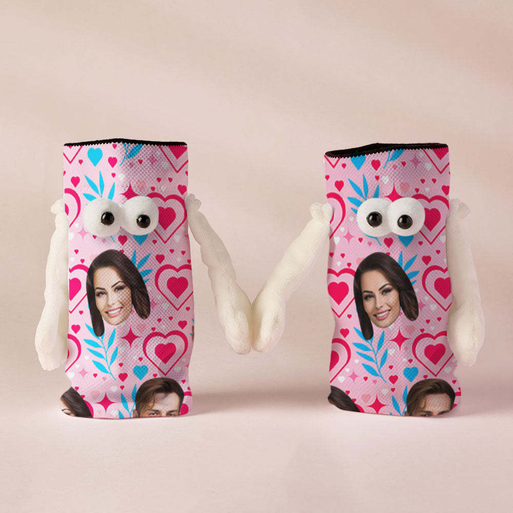 Custom Face Socks Funny Doll Mid Tube Socks Magnetic Holding Hands Socks Double Love Valentine's Day Gifts - My Photo Socks AU