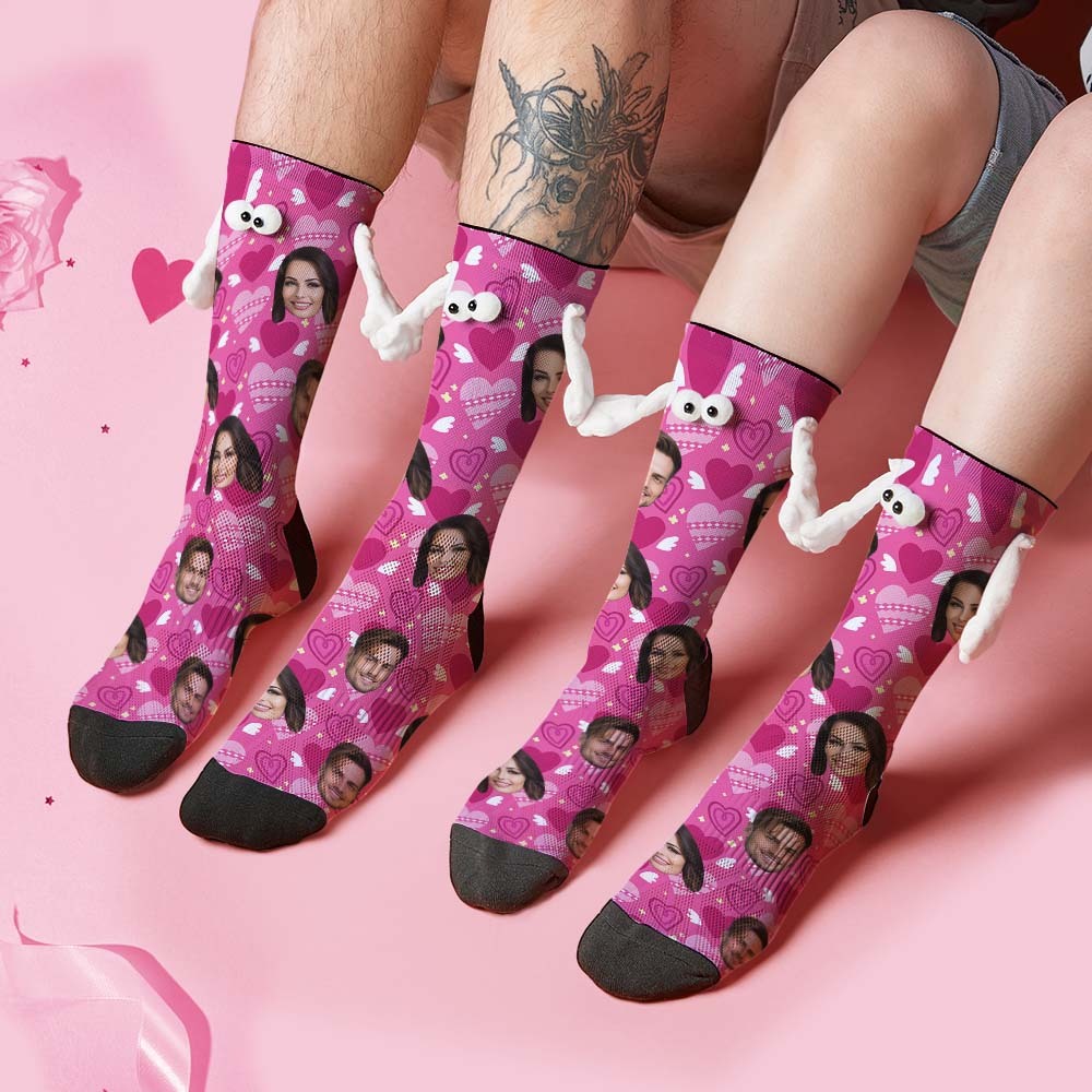 Custom Face Socks Funny Doll Mid Tube Socks Magnetic Holding Hands Socks Pink Heart Valentine's Day Gifts - My Photo Socks AU