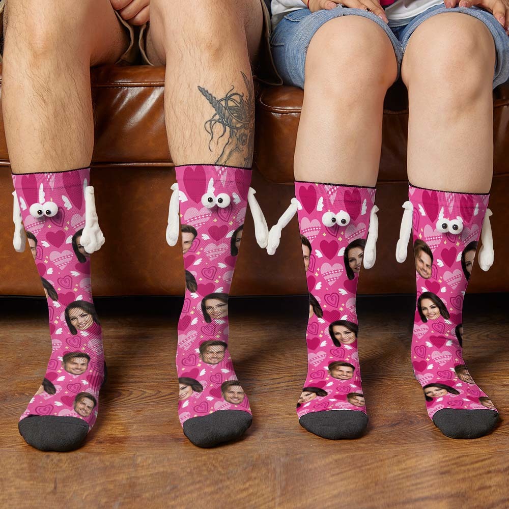 Custom Face Socks Funny Doll Mid Tube Socks Magnetic Holding Hands Socks Pink Heart Valentine's Day Gifts - My Photo Socks AU