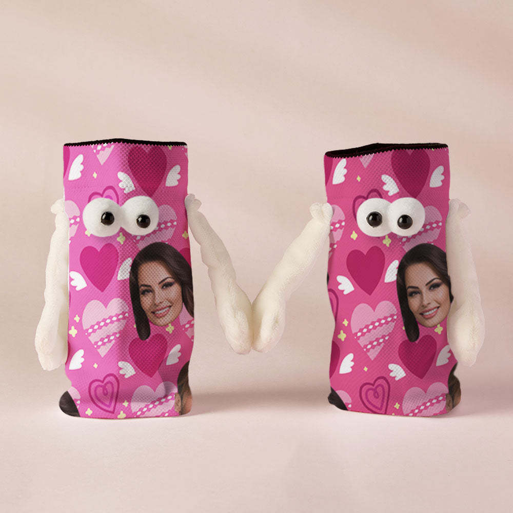Custom Face Socks Funny Doll Mid Tube Socks Magnetic Holding Hands Socks Pink Heart Valentine's Day Gifts - My Photo Socks AU