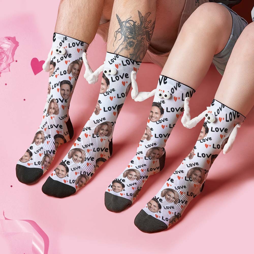 Custom Face Socks Funny Doll Mid Tube Socks Magnetic Holding Hands Socks Love Valentine's Day Gifts - My Photo Socks AU