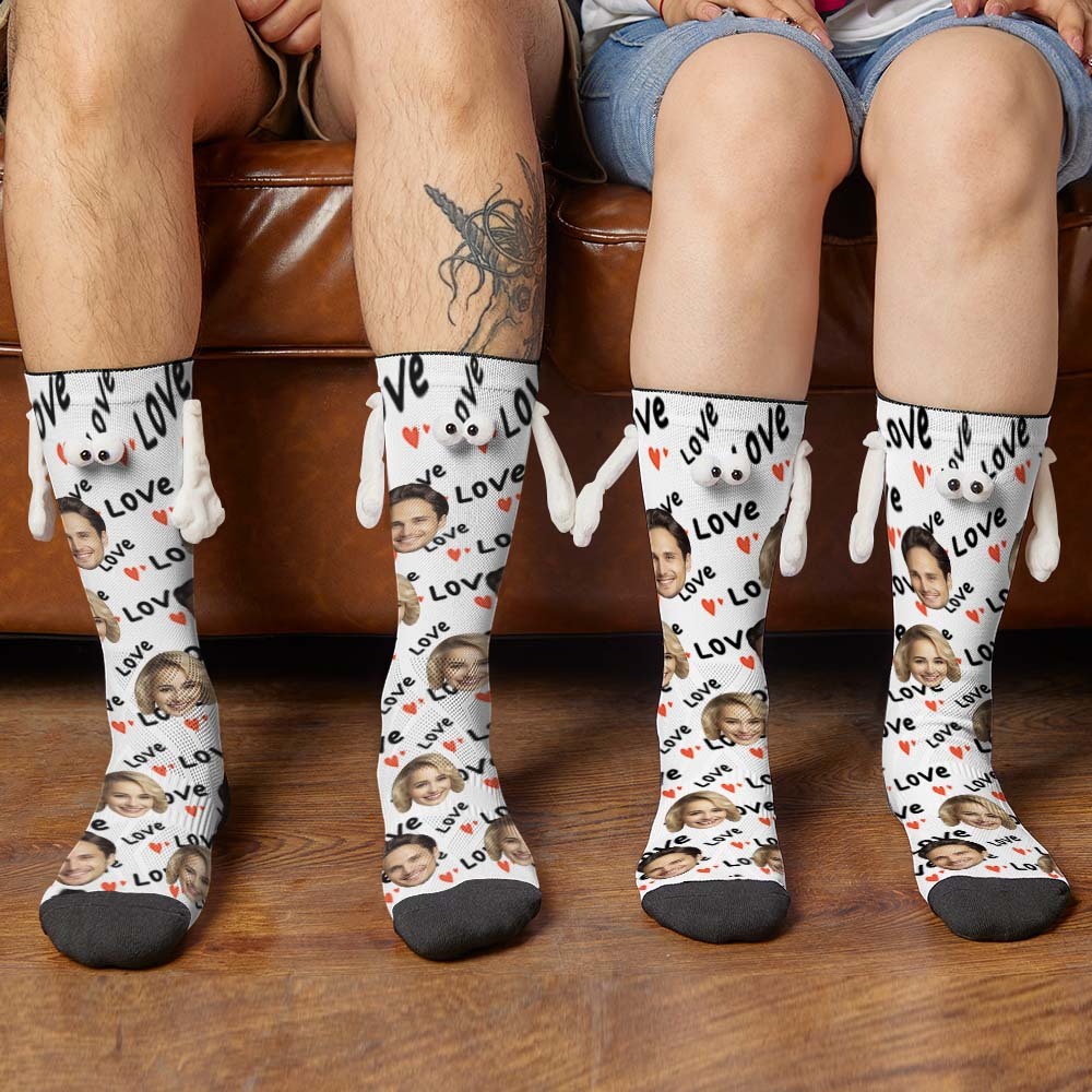 Custom Face Socks Funny Doll Mid Tube Socks Magnetic Holding Hands Socks Love Valentine's Day Gifts - My Photo Socks AU