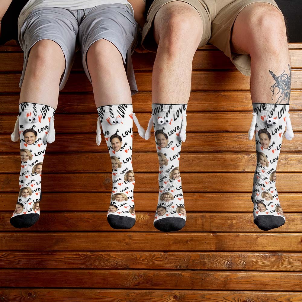 Custom Face Socks Funny Doll Mid Tube Socks Magnetic Holding Hands Socks Love Valentine's Day Gifts - My Photo Socks AU