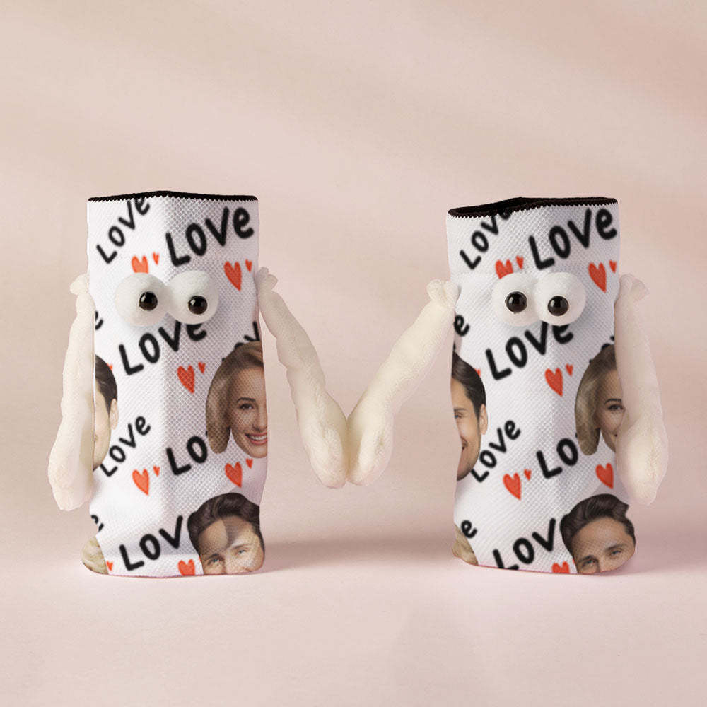 Custom Face Socks Funny Doll Mid Tube Socks Magnetic Holding Hands Socks Love Valentine's Day Gifts - My Photo Socks AU