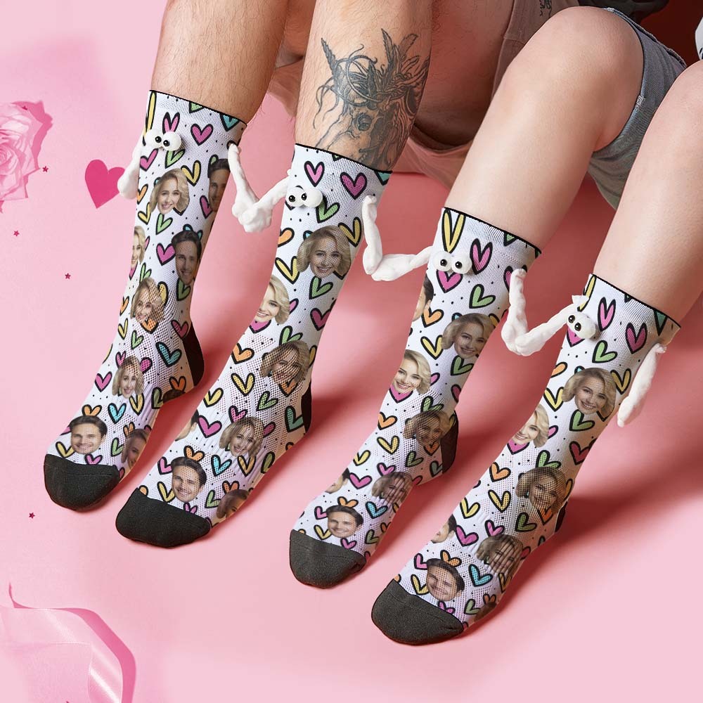 Custom Face Socks Funny Doll Mid Tube Socks Magnetic Holding Hands Socks Colorful Hearts Valentine's Day Gifts - My Photo Socks AU
